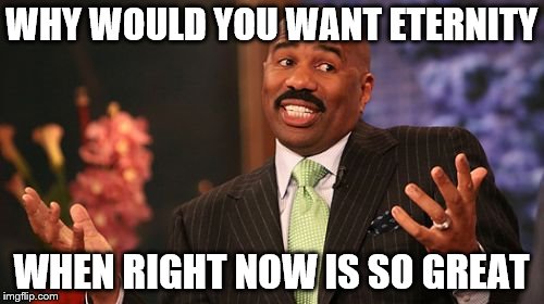 Steve Harvey Meme | WHY WOULD YOU WANT ETERNITY WHEN RIGHT NOW IS SO GREAT | image tagged in memes,steve harvey | made w/ Imgflip meme maker