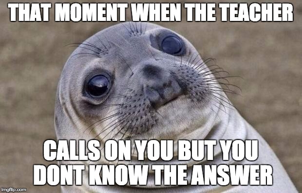 Awkward Moment Sealion | THAT MOMENT WHEN THE TEACHER; CALLS ON YOU BUT YOU DONT KNOW THE ANSWER | image tagged in memes,awkward moment sealion | made w/ Imgflip meme maker