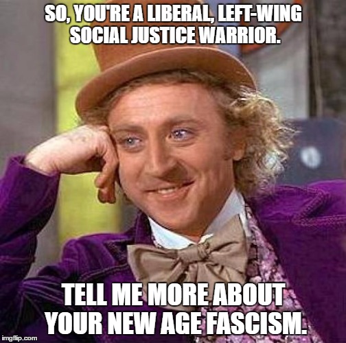 The Reality of The Regressive Left. | SO, YOU'RE A LIBERAL, LEFT-WING SOCIAL JUSTICE WARRIOR. TELL ME MORE ABOUT YOUR NEW AGE FASCISM. | image tagged in politics for the new age | made w/ Imgflip meme maker
