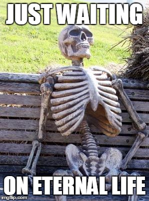 Waiting Skeleton | JUST WAITING; ON ETERNAL LIFE | image tagged in memes,waiting skeleton | made w/ Imgflip meme maker