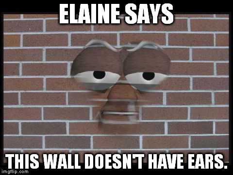 talking brick wall | ELAINE SAYS; THIS WALL DOESN'T HAVE EARS. | image tagged in talking brick wall | made w/ Imgflip meme maker