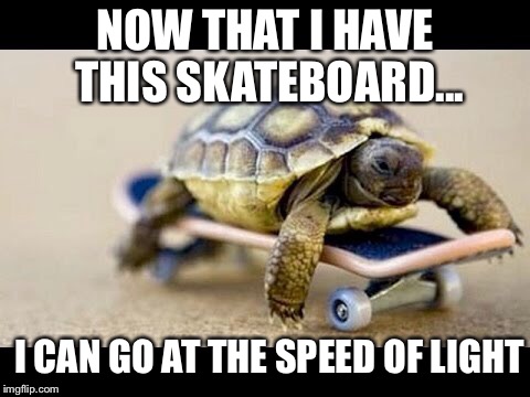 NOW THAT I HAVE THIS SKATEBOARD... I CAN GO AT THE SPEED OF LIGHT | image tagged in speed,turtles | made w/ Imgflip meme maker