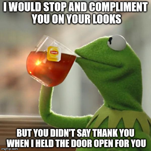 But That's None Of My Business Meme | I WOULD STOP AND COMPLIMENT YOU ON YOUR LOOKS; BUT YOU DIDN'T SAY THANK YOU WHEN I HELD THE DOOR OPEN FOR YOU | image tagged in memes,but thats none of my business,kermit the frog | made w/ Imgflip meme maker