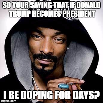 Snoop dogg | SO YOUR SAYING THAT IF DONALD TRUMP BECOMES PRESIDENT; I BE DOPING FOR DAYS? | image tagged in snoop dogg | made w/ Imgflip meme maker