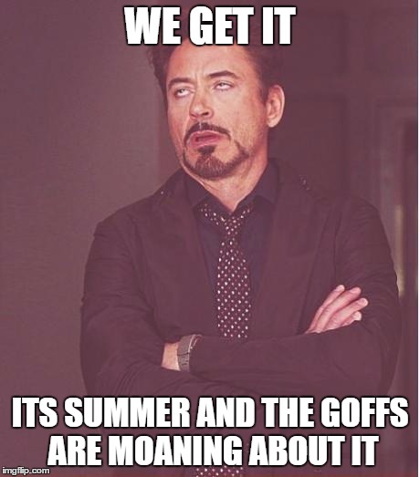 Face You Make Robert Downey Jr Meme | WE GET IT; ITS SUMMER AND THE GOFFS ARE MOANING ABOUT IT | image tagged in memes,face you make robert downey jr | made w/ Imgflip meme maker