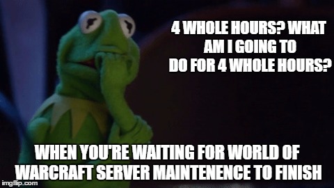 Nervous Kermit | 4 WHOLE HOURS? WHAT AM I GOING TO DO FOR 4 WHOLE HOURS? WHEN YOU'RE WAITING FOR WORLD OF WARCRAFT SERVER MAINTENENCE TO FINISH | image tagged in nervous kermit | made w/ Imgflip meme maker