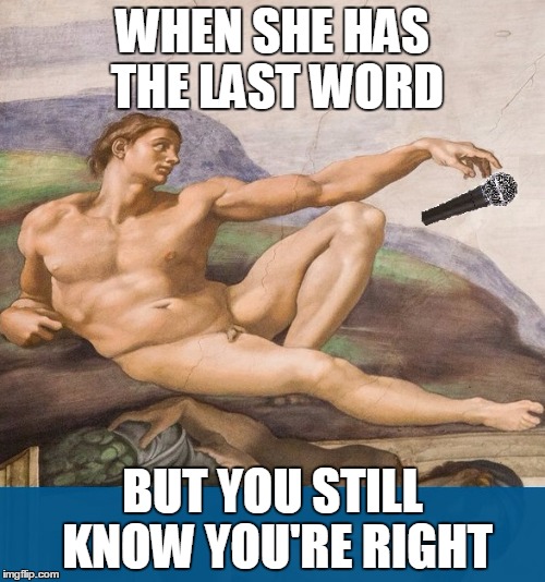 the last word | WHEN SHE HAS THE LAST WORD; BUT YOU STILL KNOW YOU'RE RIGHT | image tagged in shes nagging,drop the mic,win,enough said | made w/ Imgflip meme maker