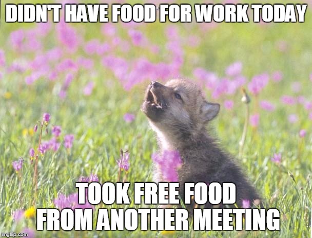 Baby Insanity Wolf Meme | DIDN'T HAVE FOOD FOR WORK TODAY; TOOK FREE FOOD FROM ANOTHER MEETING | image tagged in memes,baby insanity wolf,AdviceAnimals | made w/ Imgflip meme maker
