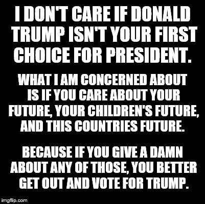 Blank | I DON'T CARE IF DONALD TRUMP ISN'T YOUR FIRST CHOICE FOR PRESIDENT. WHAT I AM CONCERNED ABOUT IS IF YOU CARE ABOUT YOUR FUTURE, YOUR CHILDREN'S FUTURE, AND THIS COUNTRIES FUTURE. BECAUSE IF YOU GIVE A DAMN ABOUT ANY OF THOSE, YOU BETTER GET OUT AND VOTE FOR TRUMP. | image tagged in blank | made w/ Imgflip meme maker