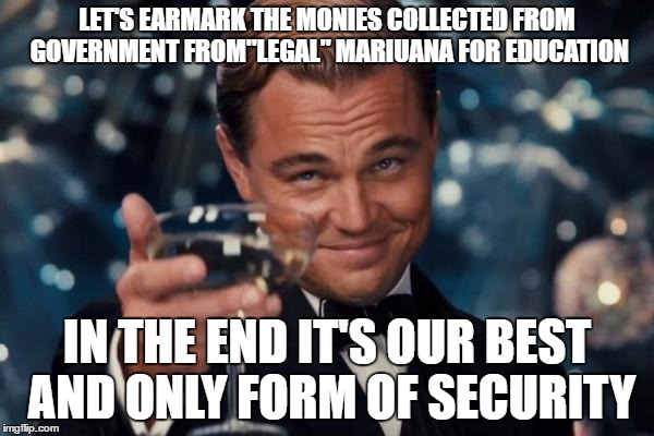 LEARNING A BETTER TOAST | LET'S EARMARK THE MONIES COLLECTED FROM GOVERNMENT FROM"LEGAL" MARIUANA FOR EDUCATION; IN THE END IT'S OUR BEST AND ONLY FORM OF SECURITY | image tagged in memes,leonardo dicaprio cheers,education,school,mariuana | made w/ Imgflip meme maker