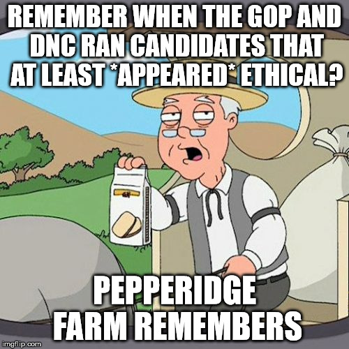 Pepperidge Farm Remembers | REMEMBER WHEN THE GOP AND DNC RAN CANDIDATES THAT AT LEAST *APPEARED* ETHICAL? PEPPERIDGE FARM REMEMBERS | image tagged in memes,pepperidge farm remembers,election 2016,2016Elections | made w/ Imgflip meme maker