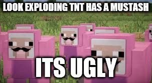 pink sheep | LOOK EXPLODING TNT HAS A MUSTASH; ITS UGLY | image tagged in pink sheep | made w/ Imgflip meme maker