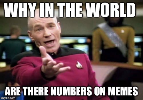 Picard Wtf | WHY IN THE WORLD; ARE THERE NUMBERS ON MEMES | image tagged in memes,picard wtf | made w/ Imgflip meme maker