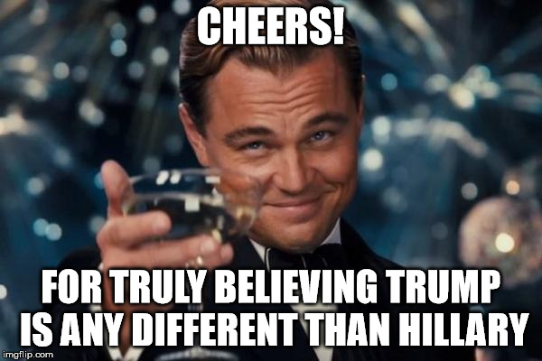 Leonardo Dicaprio Cheers Meme | CHEERS! FOR TRULY BELIEVING TRUMP IS ANY DIFFERENT THAN HILLARY | image tagged in memes,leonardo dicaprio cheers | made w/ Imgflip meme maker