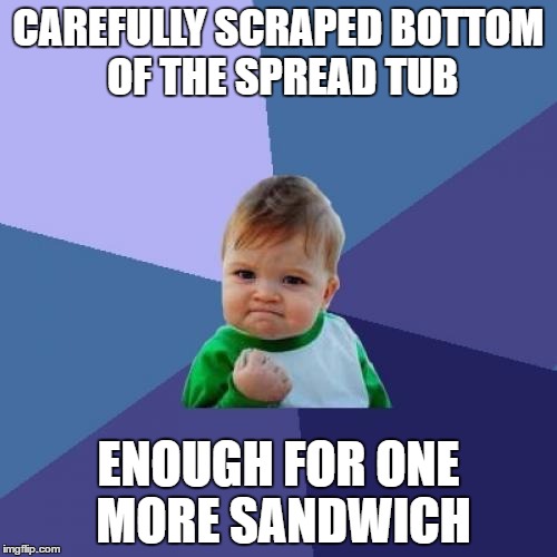 s | CAREFULLY SCRAPED BOTTOM OF THE SPREAD TUB; ENOUGH FOR ONE MORE SANDWICH | image tagged in memes,success kid,sandwich | made w/ Imgflip meme maker