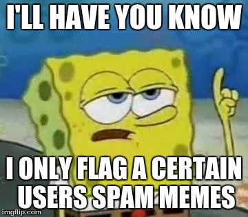 I'll Have You Know Spongebob Meme | I'LL HAVE YOU KNOW; I ONLY FLAG A CERTAIN USERS SPAM MEMES | image tagged in memes,ill have you know spongebob | made w/ Imgflip meme maker