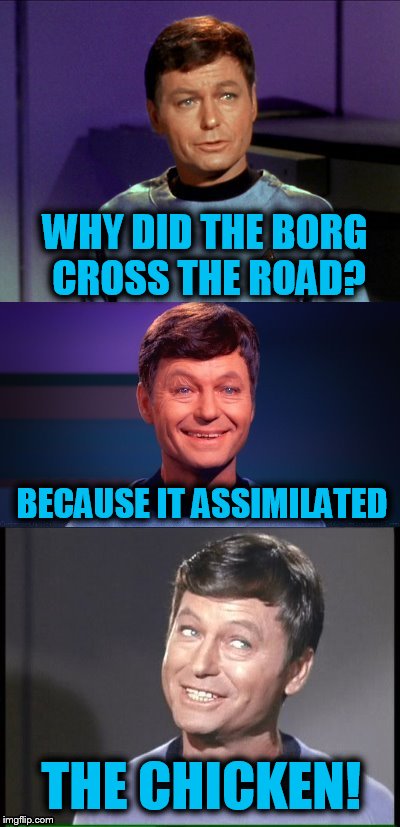 bad pun McCoy | WHY DID THE BORG CROSS THE ROAD? BECAUSE IT ASSIMILATED; THE CHICKEN! | image tagged in bad pun mccoy | made w/ Imgflip meme maker