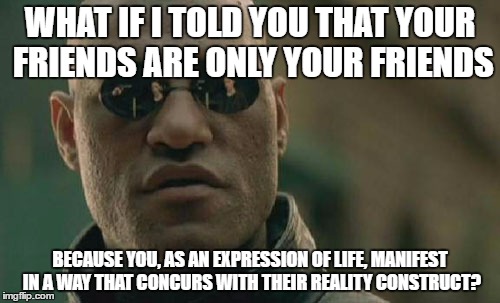 Matrix Morpheus | WHAT IF I TOLD YOU THAT YOUR FRIENDS ARE ONLY YOUR FRIENDS; BECAUSE YOU, AS AN EXPRESSION OF LIFE, MANIFEST IN A WAY THAT CONCURS WITH THEIR REALITY CONSTRUCT? | image tagged in memes,matrix morpheus | made w/ Imgflip meme maker