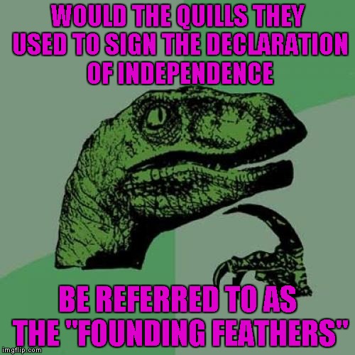 Philosoraptor Meme | WOULD THE QUILLS THEY USED TO SIGN THE DECLARATION OF INDEPENDENCE; BE REFERRED TO AS THE "FOUNDING FEATHERS" | image tagged in memes,philosoraptor | made w/ Imgflip meme maker
