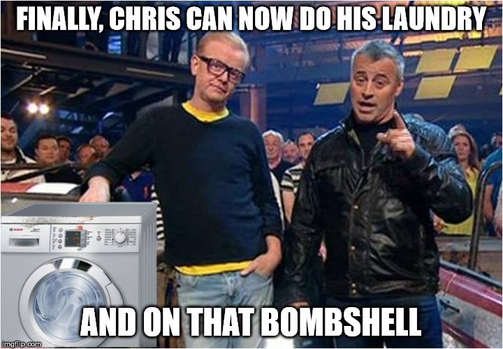 Finally Chris can wash his outfit he has worn for weeks, not to been seen anymore | FINALLY, CHRIS CAN NOW DO HIS LAUNDRY; AND ON THAT BOMBSHELL | image tagged in chris evans laundry,memes,top gear,chris evans,laundry | made w/ Imgflip meme maker