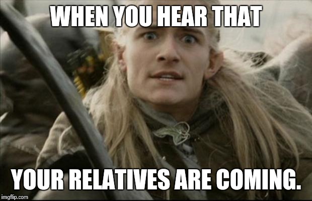 legolas no | WHEN YOU HEAR THAT; YOUR RELATIVES ARE COMING. | image tagged in legolas no | made w/ Imgflip meme maker