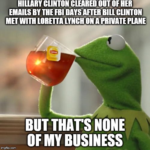 But That's None Of My Business | HILLARY CLINTON CLEARED OUT OF HER EMAILS BY THE FBI DAYS AFTER BILL CLINTON MET WITH LORETTA LYNCH ON A PRIVATE PLANE; BUT THAT'S NONE OF MY BUSINESS | image tagged in memes,but thats none of my business,kermit the frog | made w/ Imgflip meme maker