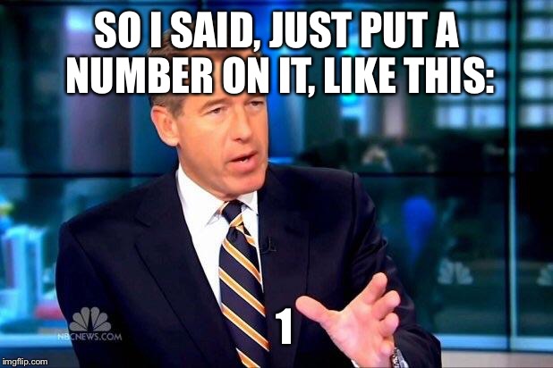 Brian Williams Was There 2 | SO I SAID, JUST PUT A NUMBER ON IT, LIKE THIS:; 1 | image tagged in memes,brian williams was there 2 | made w/ Imgflip meme maker