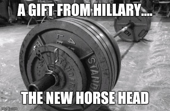 barbell | A GIFT FROM HILLARY.... THE NEW HORSE HEAD | image tagged in barbell | made w/ Imgflip meme maker