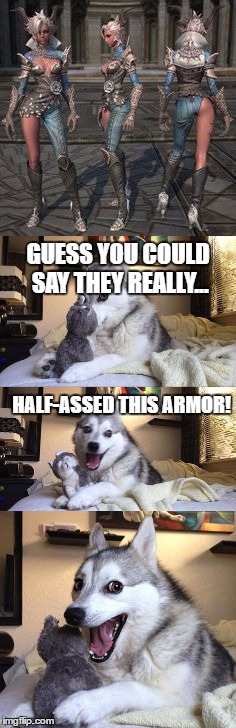 Puns are good | GUESS YOU COULD SAY THEY REALLY... HALF-ASSED THIS ARMOR! | image tagged in tera,funny,memes,bad pun dog | made w/ Imgflip meme maker