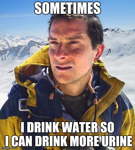 Bear Grylls |  SOMETIMES; I DRINK WATER SO I CAN DRINK MORE URINE | image tagged in memes,bear grylls | made w/ Imgflip meme maker