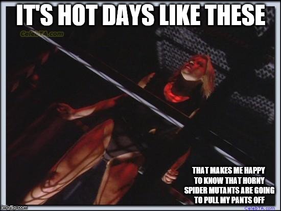 Jessica Collins | IT'S HOT DAYS LIKE THESE; THAT MAKES ME HAPPY TO KNOW THAT HORNY SPIDER MUTANTS ARE GOING TO PULL MY PANTS OFF | image tagged in jessica collins | made w/ Imgflip meme maker
