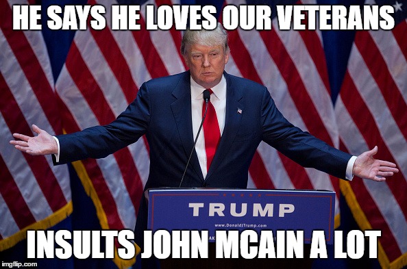Donald Trump | HE SAYS HE LOVES OUR VETERANS; INSULTS JOHN MCAIN A LOT | image tagged in donald trump | made w/ Imgflip meme maker