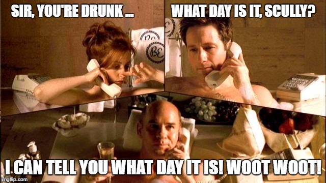 X Files Bath Tub Scene - HUMP DAY | SIR, YOU'RE DRUNK ...              WHAT DAY IS IT, SCULLY? I CAN TELL YOU WHAT DAY IT IS! WOOT WOOT! | image tagged in x files bath tub scene - hump day | made w/ Imgflip meme maker
