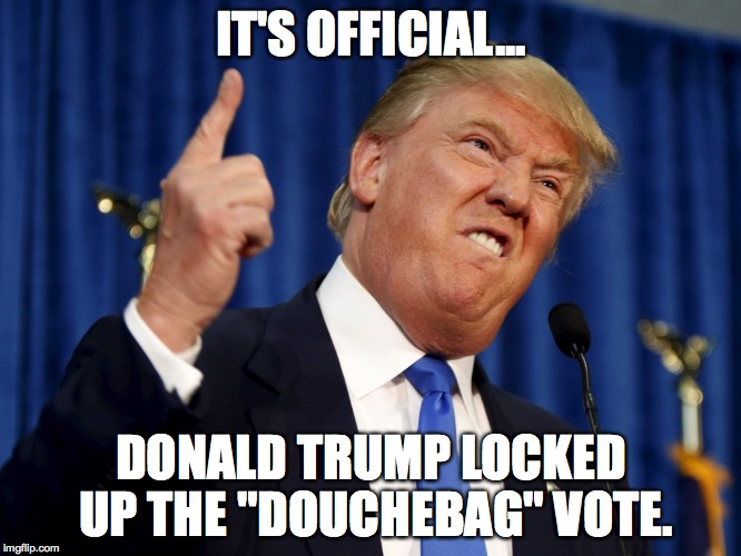 Douchebag Trump | IT'S OFFICIAL... DONALD TRUMP LOCKED UP THE "DOUCHEBAG" VOTE. | image tagged in trump | made w/ Imgflip meme maker