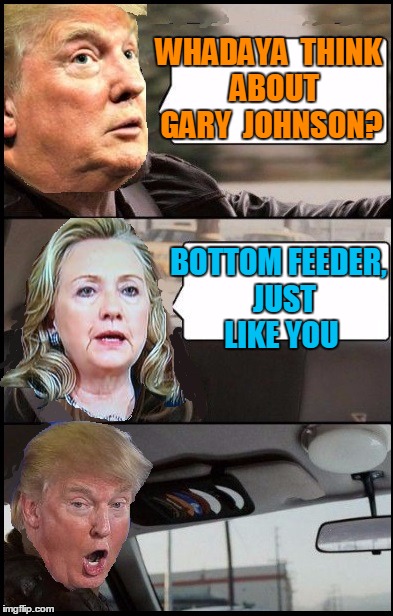 WHADAYA  THINK  ABOUT GARY  JOHNSON? BOTTOM FEEDER,  JUST LIKE YOU | image tagged in donald cab driving | made w/ Imgflip meme maker
