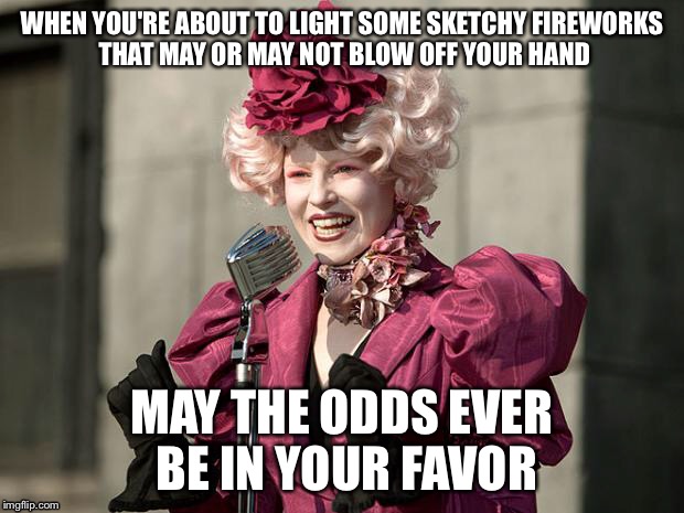 hunger games | WHEN YOU'RE ABOUT TO LIGHT SOME SKETCHY FIREWORKS THAT MAY OR MAY NOT BLOW OFF YOUR HAND; MAY THE ODDS EVER BE IN YOUR FAVOR | image tagged in hunger games | made w/ Imgflip meme maker