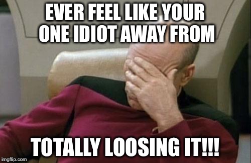 Captain Picard Facepalm | EVER FEEL LIKE YOUR ONE IDIOT AWAY FROM; TOTALLY LOOSING IT!!! | image tagged in memes,captain picard facepalm | made w/ Imgflip meme maker