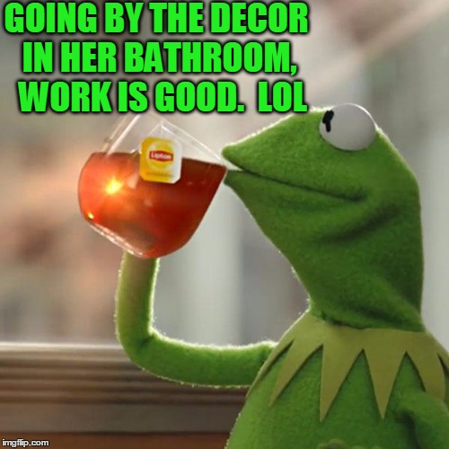 But That's None Of My Business Meme | GOING BY THE DECOR IN HER BATHROOM,  WORK IS GOOD.  LOL | image tagged in memes,but thats none of my business,kermit the frog | made w/ Imgflip meme maker