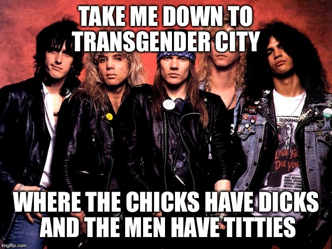 Guns and Roses | TAKE ME DOWN TO TRANSGENDER CITY; WHERE THE CHICKS HAVE DICKS AND THE MEN HAVE TITTIES | image tagged in guns and roses | made w/ Imgflip meme maker
