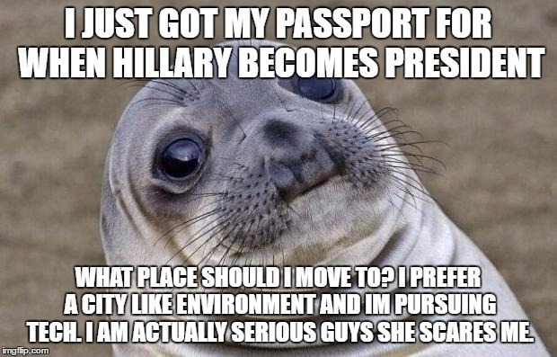 Awkward Moment Sealion Meme | I JUST GOT MY PASSPORT FOR WHEN HILLARY BECOMES PRESIDENT; WHAT PLACE SHOULD I MOVE TO? I PREFER A CITY LIKE ENVIRONMENT AND IM PURSUING TECH.
I AM ACTUALLY SERIOUS GUYS SHE SCARES ME. | image tagged in memes,awkward moment sealion | made w/ Imgflip meme maker