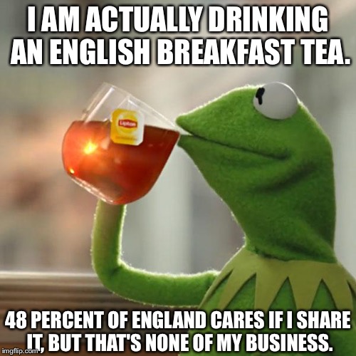 The English Drinks Tea. | I AM ACTUALLY DRINKING AN ENGLISH BREAKFAST TEA. 48 PERCENT OF ENGLAND CARES IF I SHARE IT, BUT THAT'S NONE OF MY BUSINESS. | image tagged in memes,but thats none of my business,kermit the frog,england,brexit,nigel farage | made w/ Imgflip meme maker