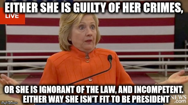 Hillary Clinton Fail | EITHER SHE IS GUILTY OF HER CRIMES, OR SHE IS IGNORANT OF THE LAW, AND INCOMPETENT.  
EITHER WAY SHE ISN'T FIT TO BE PRESIDENT | image tagged in hillary clinton fail | made w/ Imgflip meme maker
