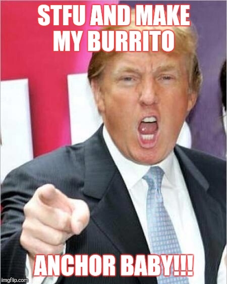 With extra picante. | STFU AND MAKE MY BURRITO; ANCHOR BABY!!! | image tagged in trump,mexican,immigration,satire,funny,memes | made w/ Imgflip meme maker