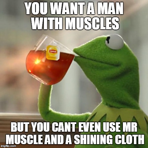 But That's None Of My Business Meme | YOU WANT A MAN WITH MUSCLES; BUT YOU CANT EVEN USE MR MUSCLE AND A SHINING CLOTH | image tagged in memes,but thats none of my business,kermit the frog | made w/ Imgflip meme maker