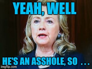 YEAH, WELL HE'S AN ASSHOLE, SO  . . . | image tagged in hillary | made w/ Imgflip meme maker