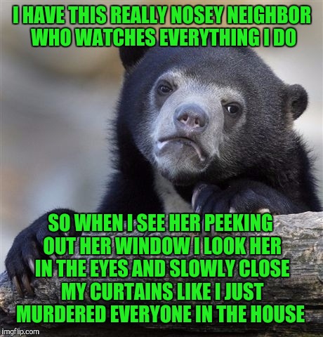 Confession Bear Meme | I HAVE THIS REALLY NOSEY NEIGHBOR WHO WATCHES EVERYTHING I DO; SO WHEN I SEE HER PEEKING OUT HER WINDOW I LOOK HER IN THE EYES AND SLOWLY CLOSE MY CURTAINS LIKE I JUST MURDERED EVERYONE IN THE HOUSE | image tagged in memes,confession bear | made w/ Imgflip meme maker