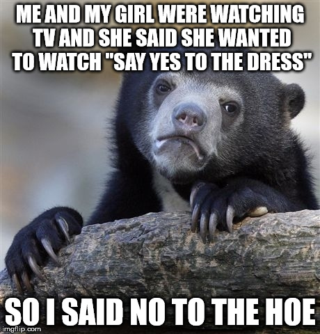 Confession Bear Meme | ME AND MY GIRL WERE WATCHING TV AND SHE SAID SHE WANTED TO WATCH "SAY YES TO THE DRESS"; SO I SAID NO TO THE HOE | image tagged in memes,confession bear | made w/ Imgflip meme maker