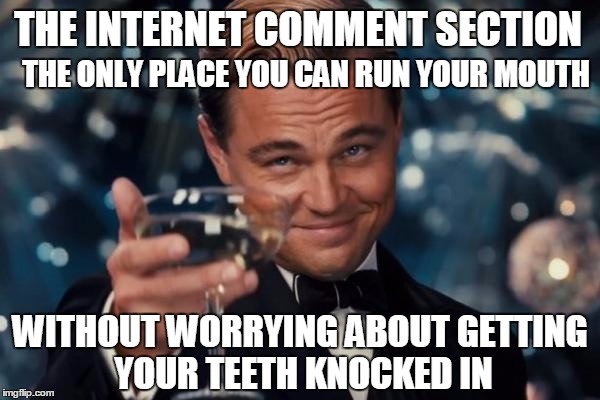 Leonardo Dicaprio Cheers Meme | THE ONLY PLACE YOU CAN RUN YOUR MOUTH; THE INTERNET COMMENT SECTION; WITHOUT WORRYING ABOUT GETTING YOUR TEETH KNOCKED IN | image tagged in memes,leonardo dicaprio cheers | made w/ Imgflip meme maker