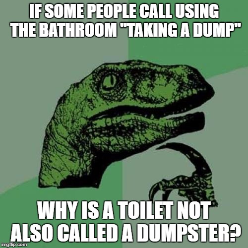 sorry for the crappy meme... | IF SOME PEOPLE CALL USING THE BATHROOM "TAKING A DUMP"; WHY IS A TOILET NOT ALSO CALLED A DUMPSTER? | image tagged in memes,philosoraptor | made w/ Imgflip meme maker