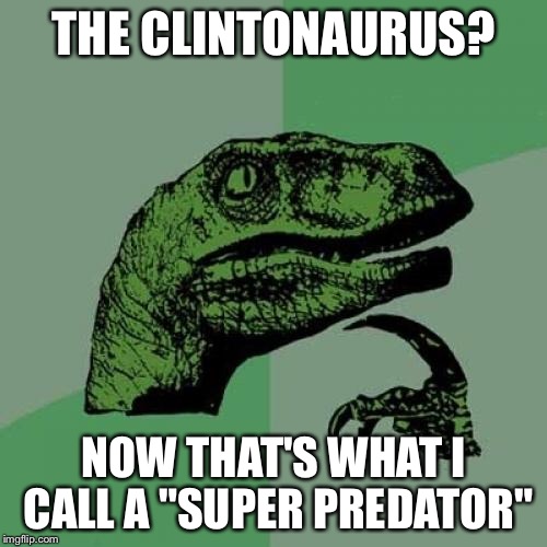 Philosoraptor Meme | THE CLINTONAURUS? NOW THAT'S WHAT I CALL A "SUPER PREDATOR" | image tagged in memes,philosoraptor | made w/ Imgflip meme maker